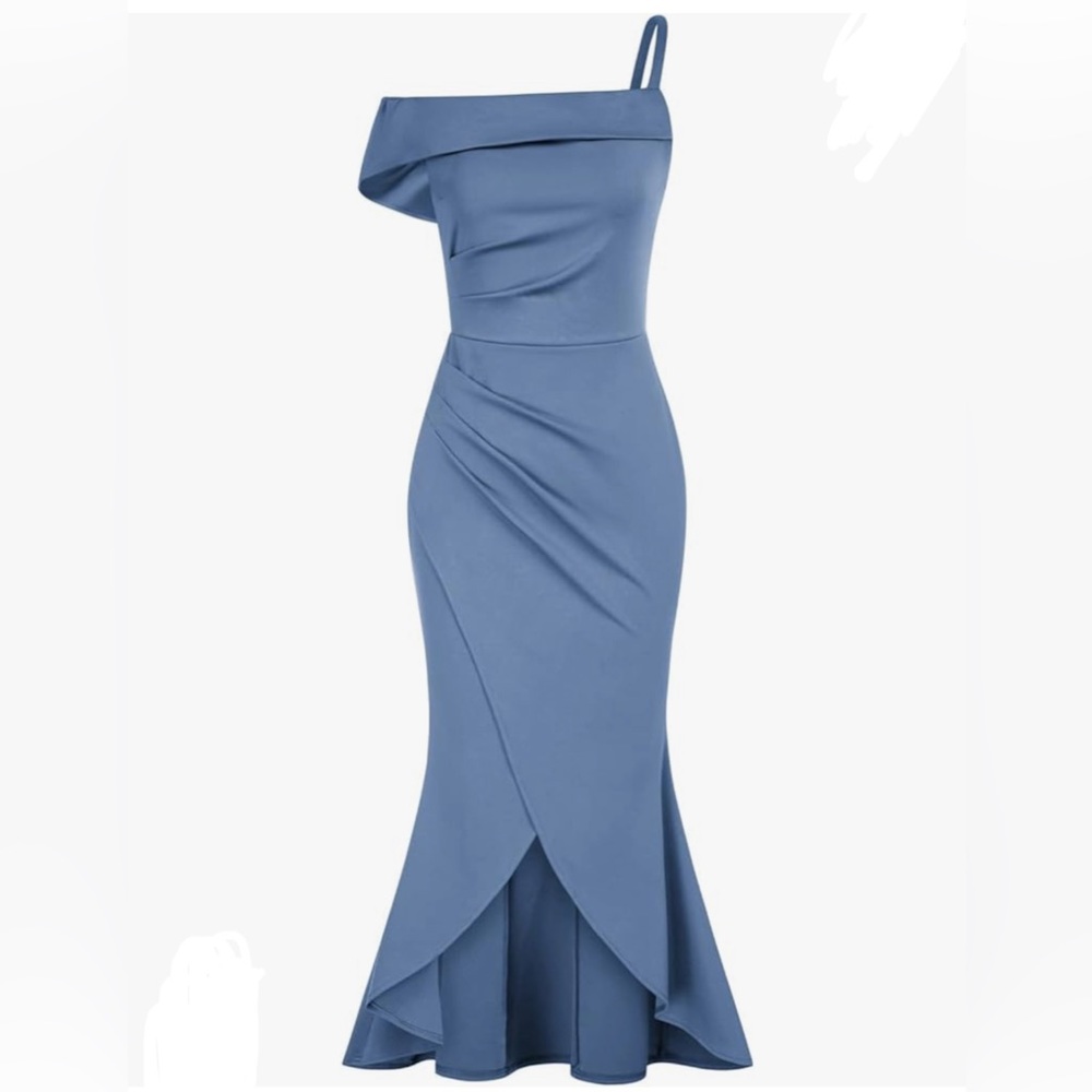 NWT GRACE KARIN Blue Asymmetric One Shoulder Ruched Bodycon Mermaid Dress